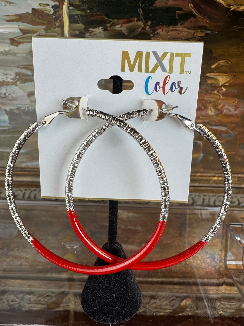 0676-Mixit Silver Hoop Earrings with Red Enamel Accents